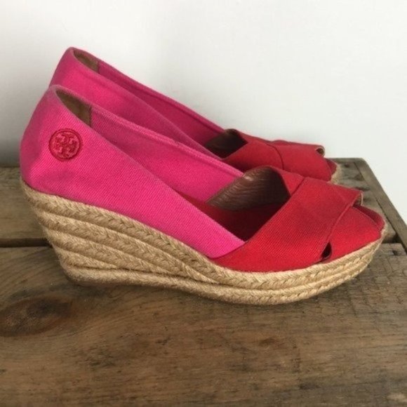 Tory Burch Shoes - TORY BURCH red / pink canvas espadrille wedges sandals us women's size 7.5